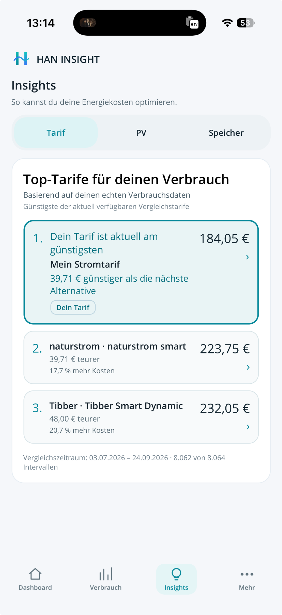 Insights Tarif: Mein Stromtarif auf Rang 1 mit 184,05 Euro, 39,71 Euro günstiger als die nächste Alternative; naturstrom und Tibber darunter