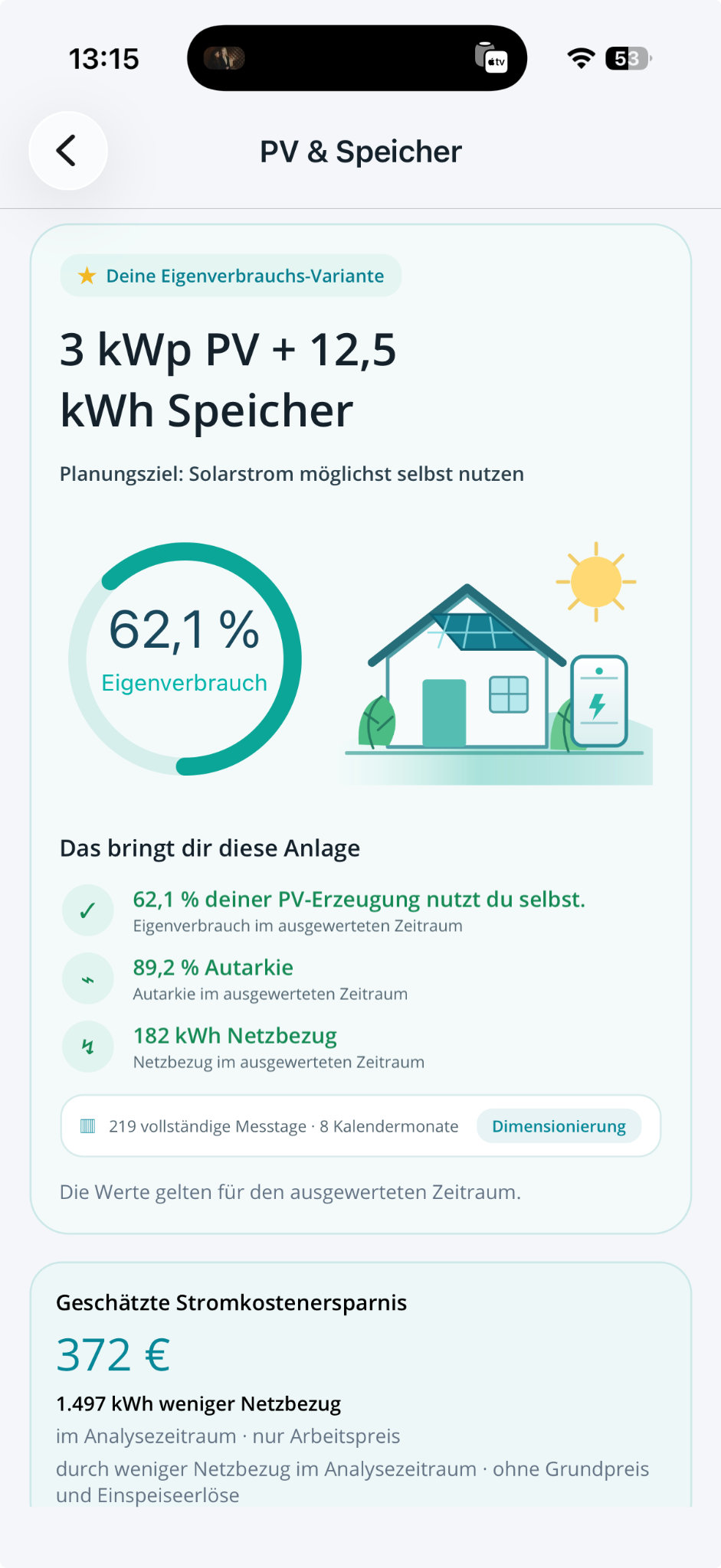 PV-Simulation: 3 kWp PV und 12,5 kWh Speicher, 62,1 Prozent Eigenverbrauch, 89,2 Prozent Autarkie, 182 kWh Netzbezug und 372 Euro geschätzte Stromkostenersparnis