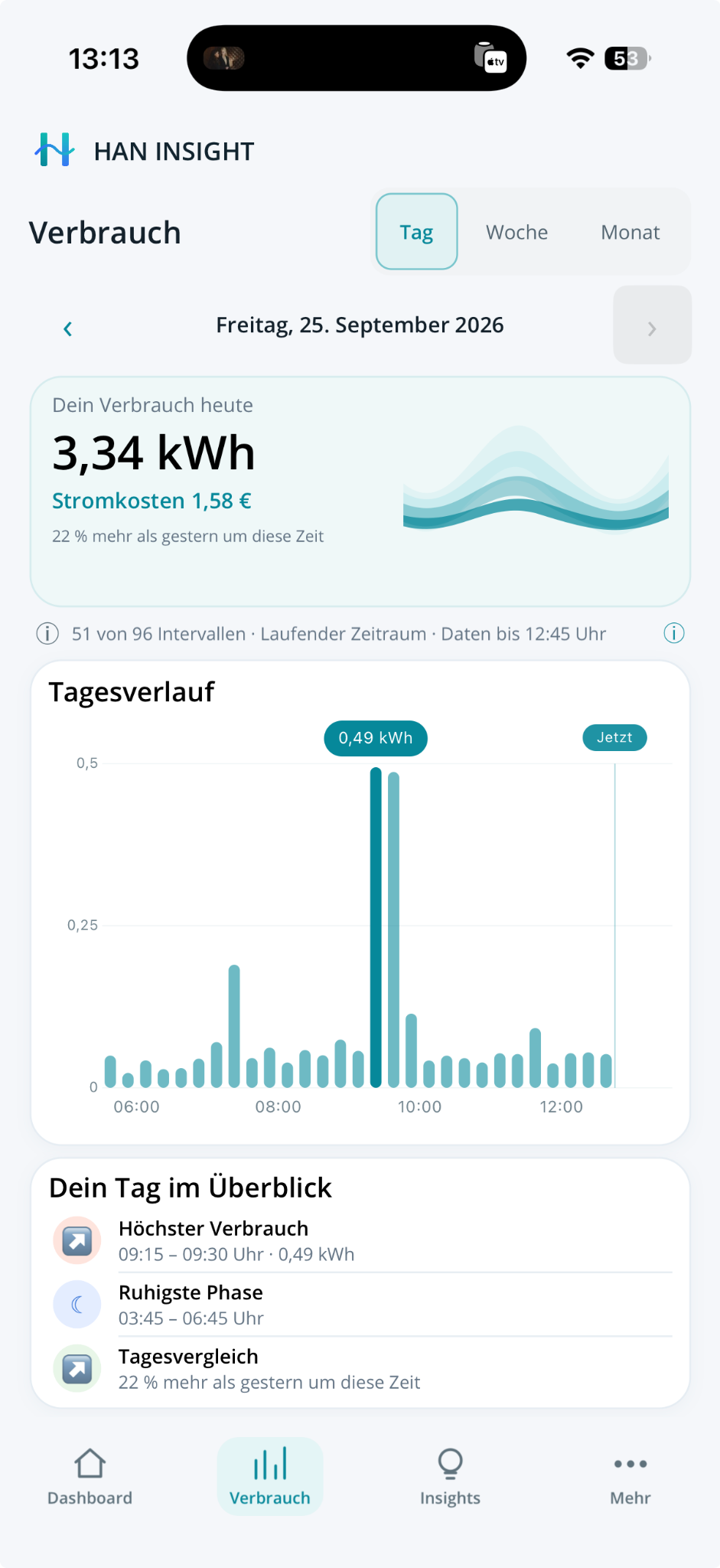 Verbrauch am 25. September: 3,34 kWh, 1,58 Euro, 51 von 96 Intervallen sowie Tageschart und Tagesüberblick